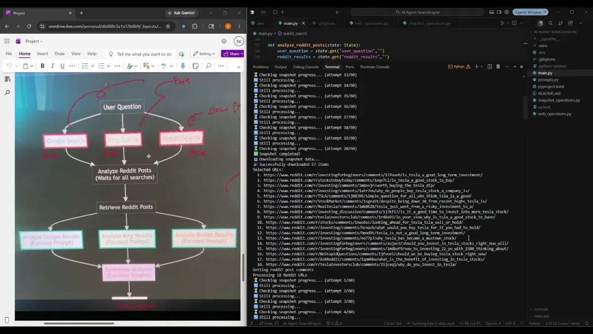 AI-Agent Search Engine demo showing its research workflow and running terminal output